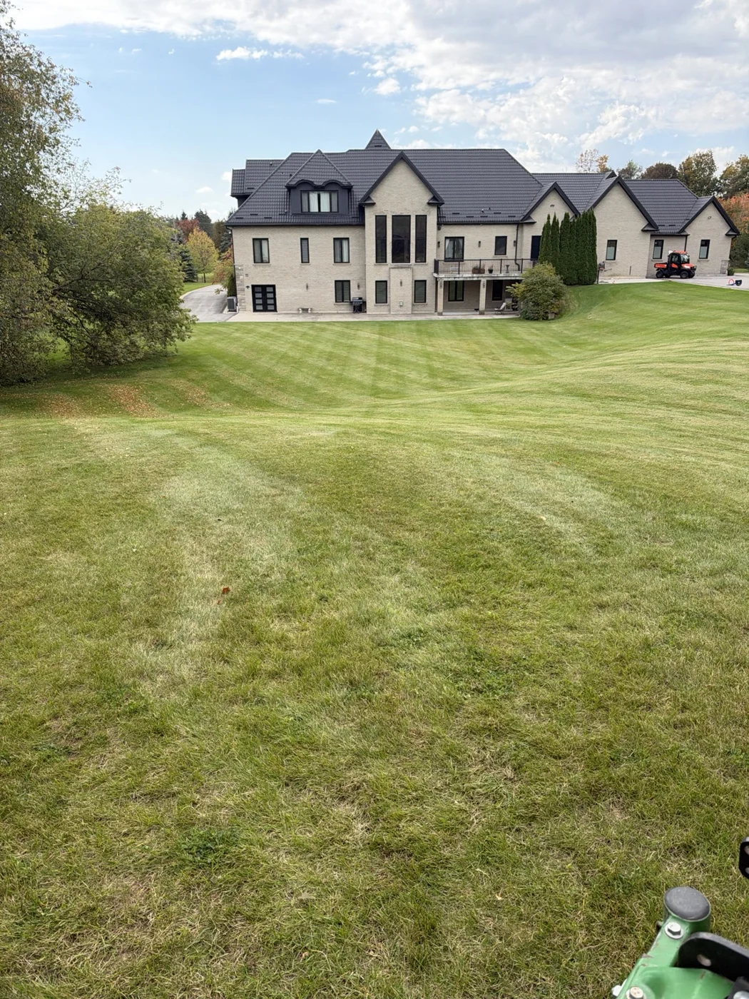 Freshly mown green lawn with curved mowing lines leading toward a house