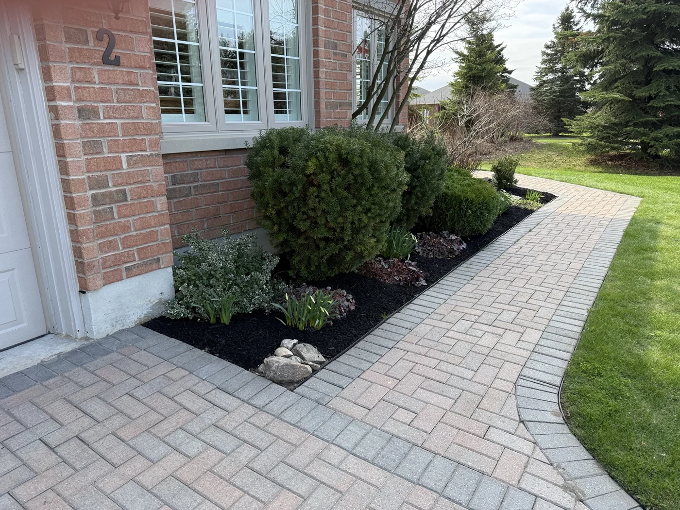 Dark mulch and shaped shrubs beside a curved interlock walkway and brick house