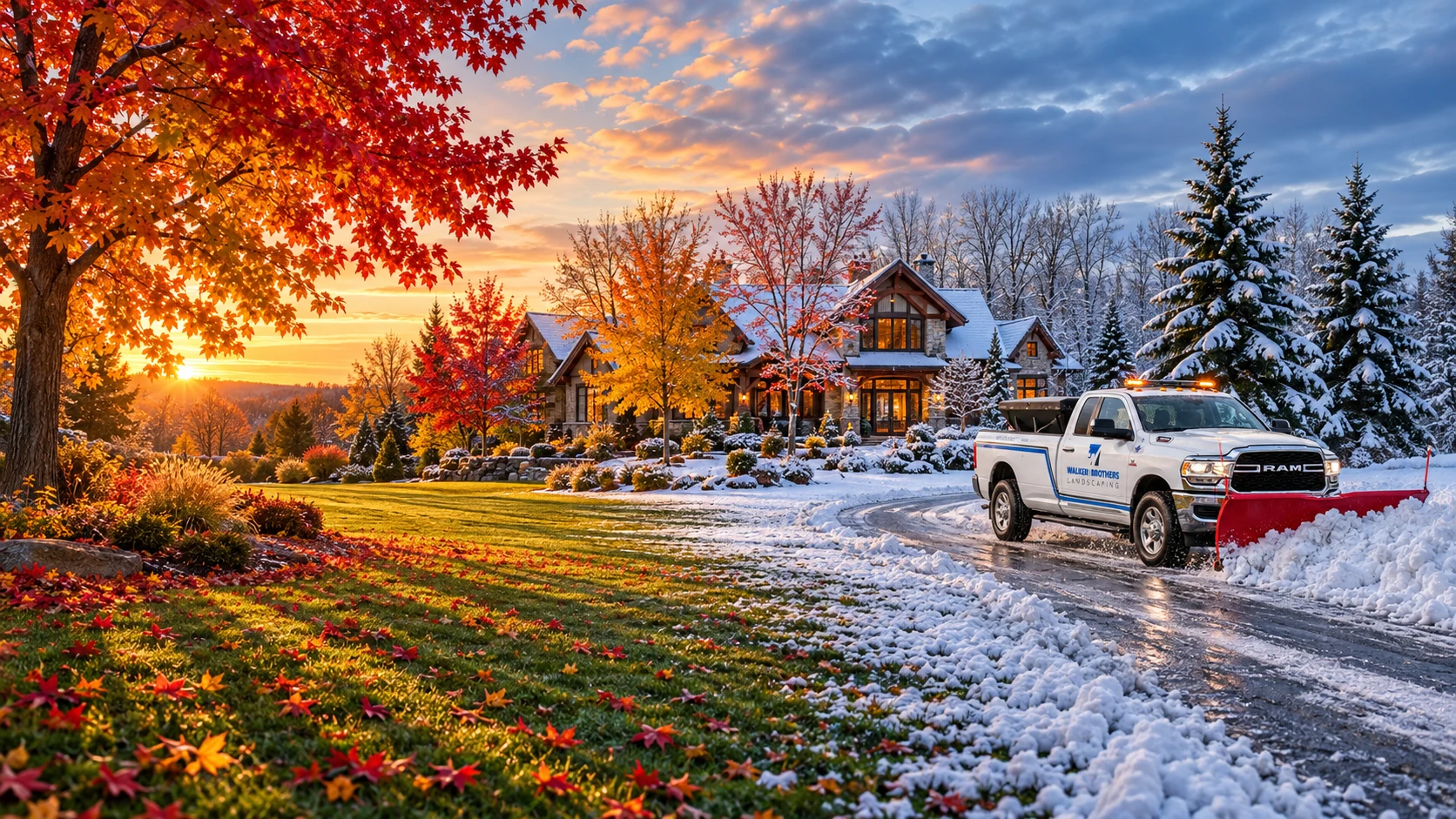 Autumn trees and a snowy Ontario estate with a white Walker Brothers RAM pickup, blue side stripes and a red snowplow